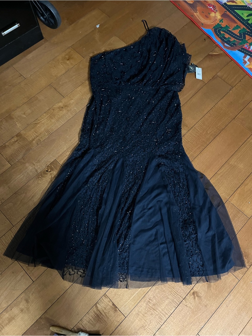 Adrianna Papell Navy One-Shoulder Beaded Evening Gown
